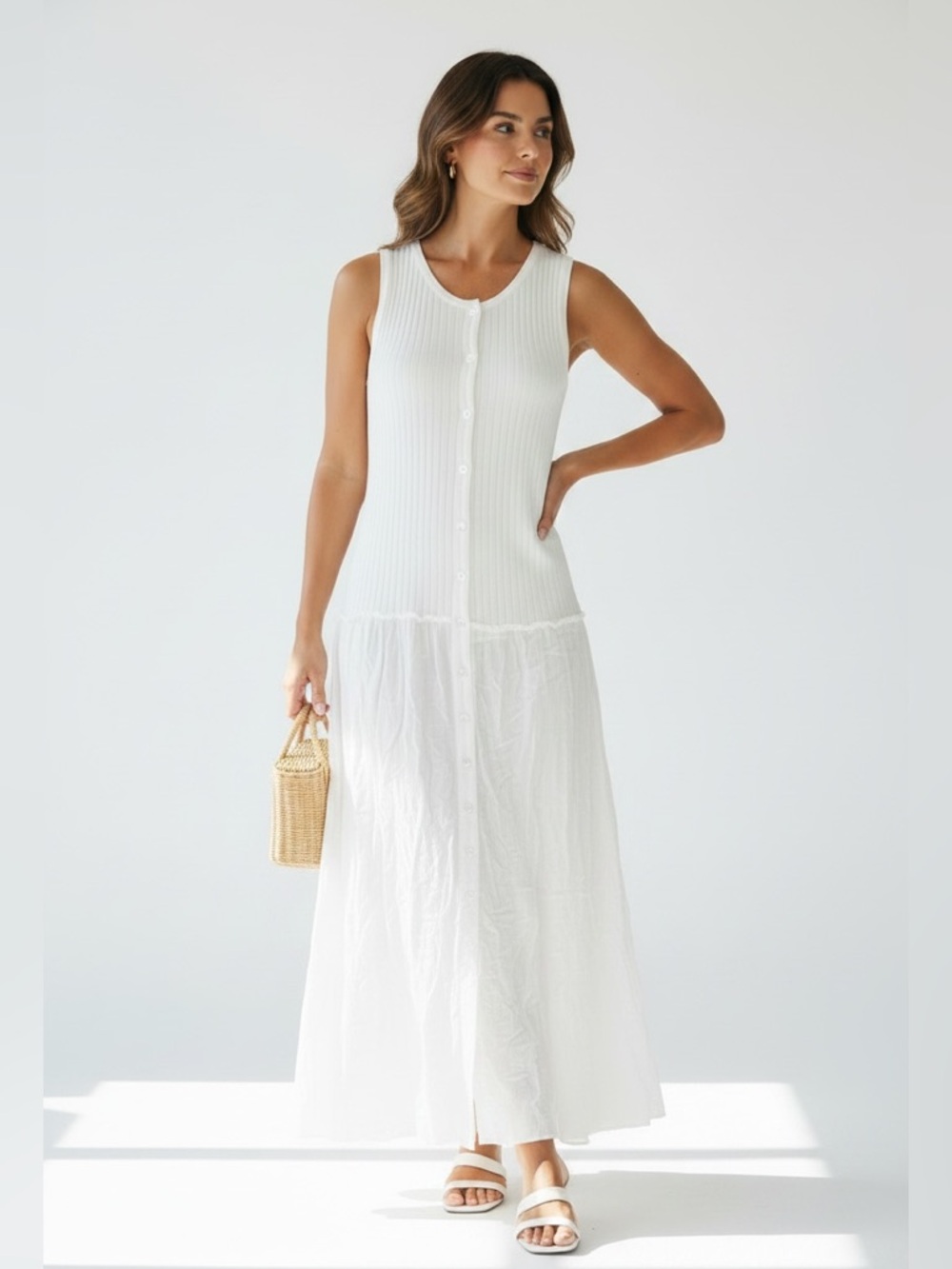 With Jean Sleeveless White Button-Front Maxi Dress NWT